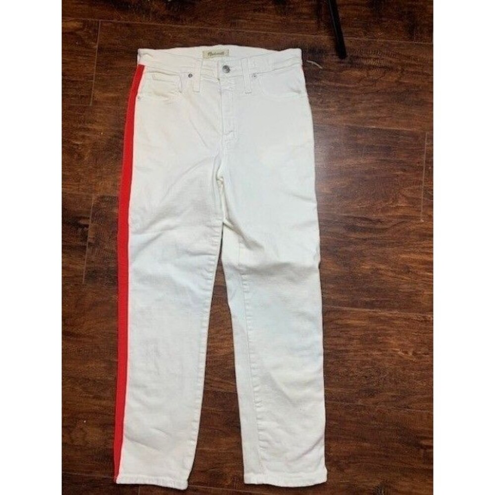 Madewell Size 27 Womens Jeans Slim Straight White Stretch High Rise Red Stripe